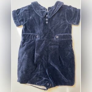 Strasburg heirloom Navy Velvet Baby romper with Peter Pan Collar